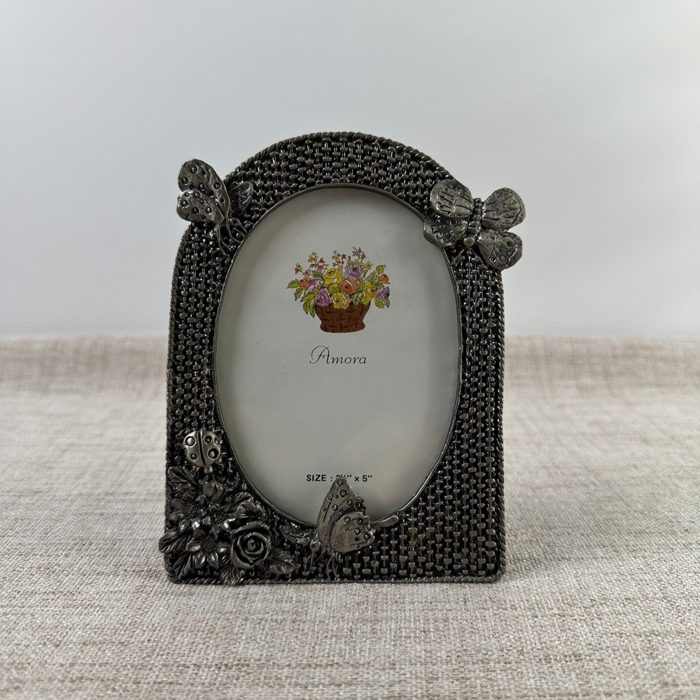 Amora Pewter Tone Butterfly Ladybug Floral Picture Frame 3.5x5